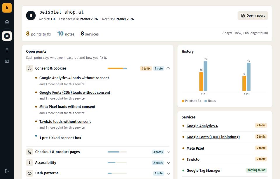 Account view of a shop: open points by area, history per check, services loaded