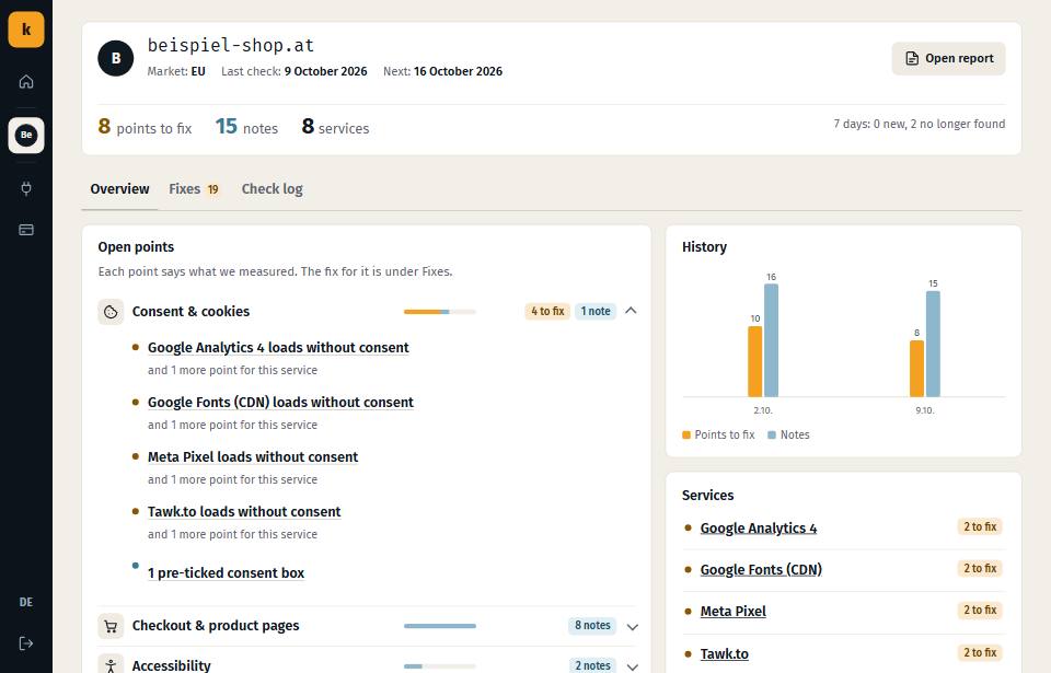Account view of a website: open points by area, history per check, services loaded